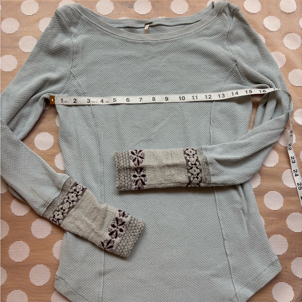 Free People Light Gray Long Sleeve Top with Embroidered Cuffs
